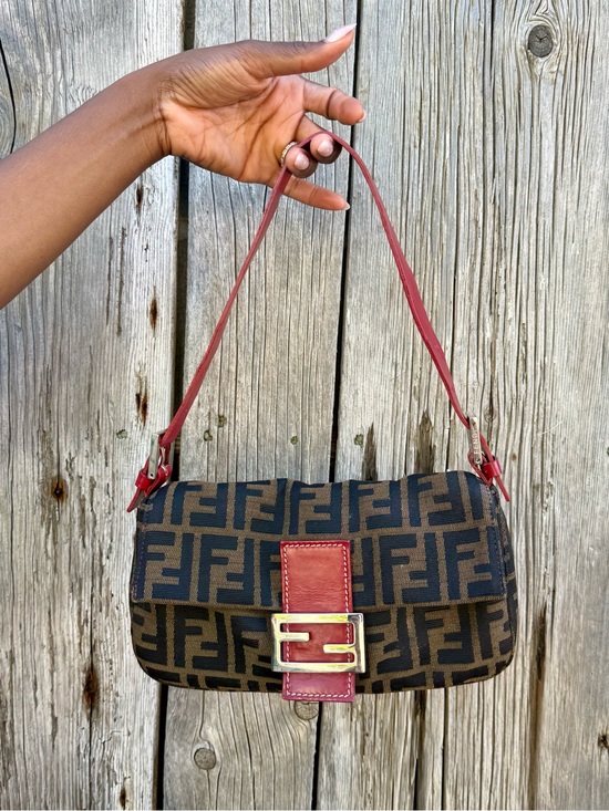 Fendi Handbags - Fendi Zucca Baguette Brown Monogram Red Leather Shoulder Bag Authenticated